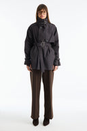 Stand-Up Collar Plaid Lined Trench Coat - Navy Blue
