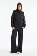 Relaxed Fit Mock Neck Contrast Trim Pants Set - Black