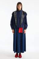 Plaid Shawl Detail Epaulette Stand-Up Collar Jacket - Navy Blue