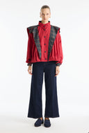 Plaid Shawl Detail Epaulet Stand-Up Collar Jacket - Red