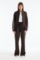 Stand-up Collar Contrast Striped Trouser Set - Brown