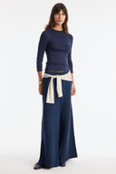Piped Sash-Tie Straight-Leg Knit Trousers