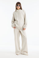 Relaxed Fit Stand Collar Contrast Trim Trouser Set - Beige