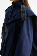 Plaid Shawl Detail Epaulette Stand-Up Collar Jacket - Navy Blue