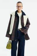 Collared Waxed-Look Plaid Parka