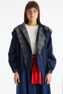 Plaid Shawl Detail Epaulette Stand-Up Collar Jacket - Navy Blue