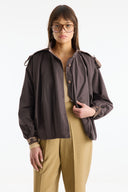 Plaid Shawl Detail Epaulet Stand-Up Collar Jacket - Brown