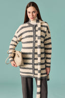 Scarf-Detail Striped Knitted Cardigan