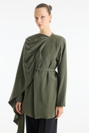 Belted Jacket with Shoulder Shawl Detail - Khaki