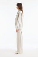 Relaxed Fit Stand Collar Contrast Trim Trouser Set - Beige