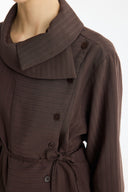 Striped Shirt with Collar and Button Detail - Coffee
