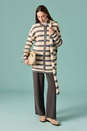 Scarf-Detail Striped Knitted Cardigan