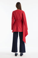 Shoulder Shawl Detailed Belted Jacket - Red