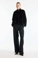 Self-Patterned Feather-Trimmed Buttoned Jacket
