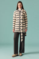 Scarf-Detail Striped Knitted Cardigan