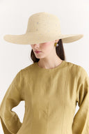 Wide-Brimmed Straw Hat with Stone Detail