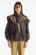 Plaid Shawl Detail Epaulet Stand-Up Collar Jacket - Brown