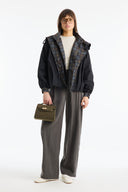 Plaid Shawl Detail Epaulet Stand-Up Collar Jacket - Black