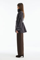 Stand-Up Collar Plaid Lined Trench Coat - Navy Blue
