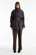 Stand-Up Collar Plaid Lined Trench Coat - Brown