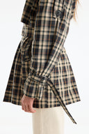 Stand-Up Collar Plaid Lined Trench Coat - Brown