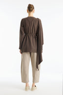 Belted Jacket with Shoulder Shawl Detail - Brown