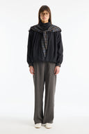 Plaid Shawl Detail Epaulet Stand-Up Collar Jacket - Black
