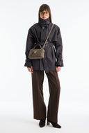 Stand-Up Collar Plaid Lined Trench Coat - Navy Blue