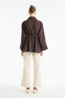 Striped Shirt with Collar and Button Detail - Coffee