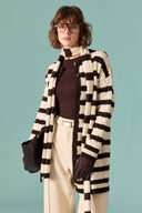 Scarf-Detail Striped Knitted Cardigan