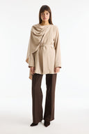 Shoulder Drape Detail Belted Jacket - Beige