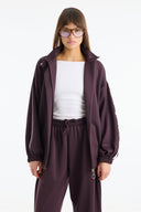 Mock Neck Contrast Trim Comfortable Trousers Set - Plum