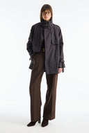 Stand-Up Collar Plaid Lined Trench Coat - Navy Blue
