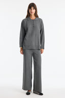 Buttoned High Neck Knitted Trousers Set