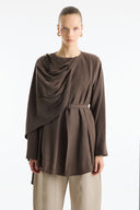 Belted Jacket with Shoulder Shawl Detail - Brown