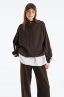 Stand-up Collar Contrast Striped Trouser Set - Brown