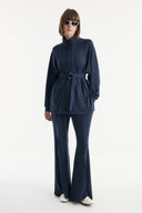 Belt Detail Stand-Up Collar Set with Comfortable Trousers