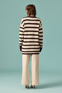 Scarf-Detail Striped Knitted Cardigan
