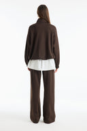 Stand-up Collar Contrast Striped Trouser Set - Brown