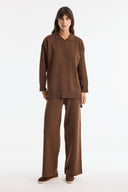 Buttoned High Neck Knitted Trousers Set