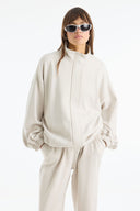 Relaxed Fit Stand Collar Contrast Trim Trouser Set - Beige