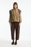 Plaid Shawl Detail Epaulet Stand-Up Collar Jacket - Khaki