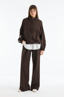 Stand-up Collar Contrast Striped Trouser Set - Brown