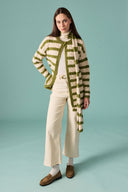Scarf-Detail Striped Knitted Cardigan