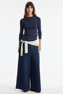 Piped Sash-Tie Straight-Leg Knit Trousers