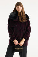 Collar Fur Detailed Suede Jacket - Burgundy