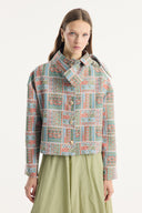 Ethnic Patterned Gold Button Jacket with Neck Bow