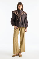 Plaid Shawl Detail Epaulet Stand-Up Collar Jacket - Brown