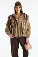 Plaid Shawl Detail Epaulet Stand-Up Collar Jacket - Khaki