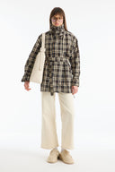 Stand-Up Collar Plaid Lined Trench Coat - Brown